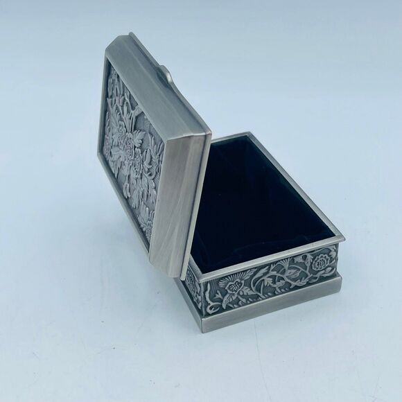 Small Floral Rectangular Pewter Silver Lined Trinket Jewelry Box Hinged Lid - Picture 10 of 10